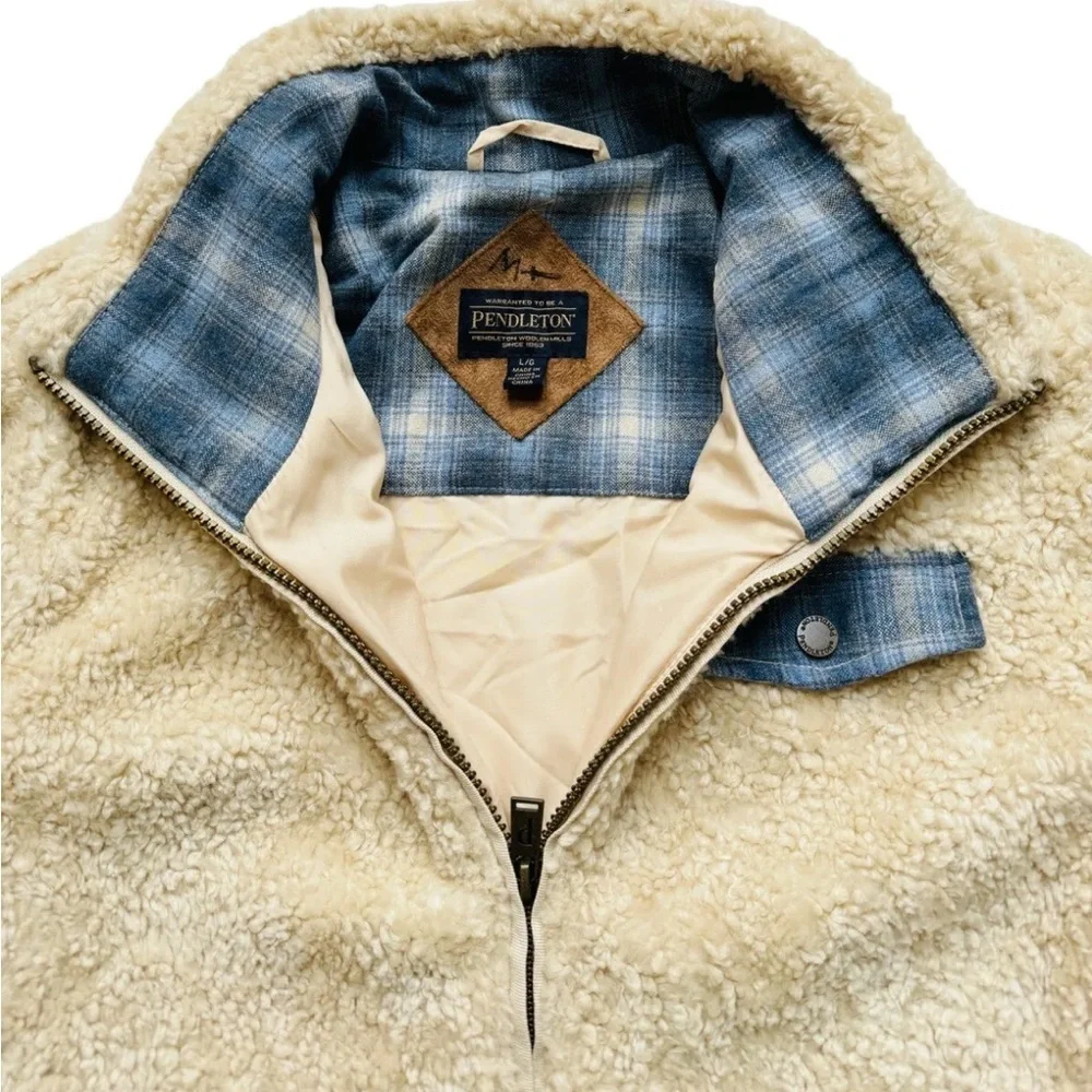 Pendleton Ladies Fuzzy Full Zip Plaid Accent Lined Cozy Jacket Sz L Beige - Picture 4 of 7